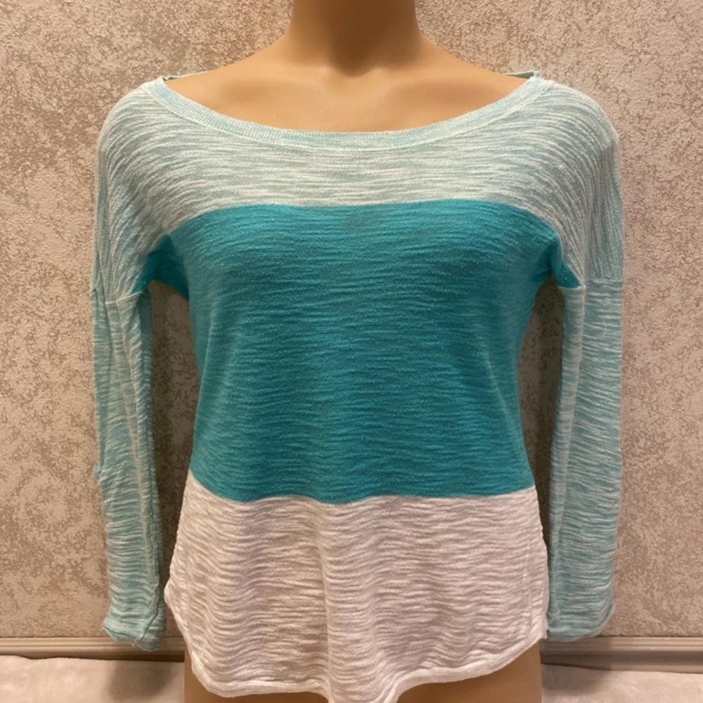 Express Mint Green, Seafoam and White Colorblock Long Sleeve Sweater